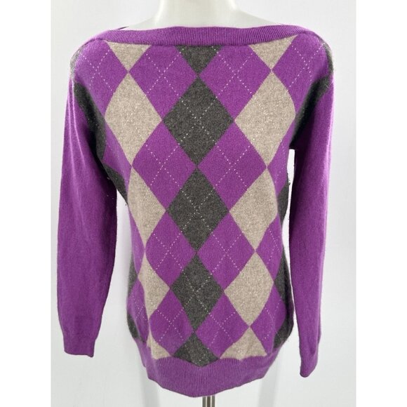 Banana Republic Cashmere Sweater Purple Gray Argyle Boat Neck Medium - Picture 1 of 9